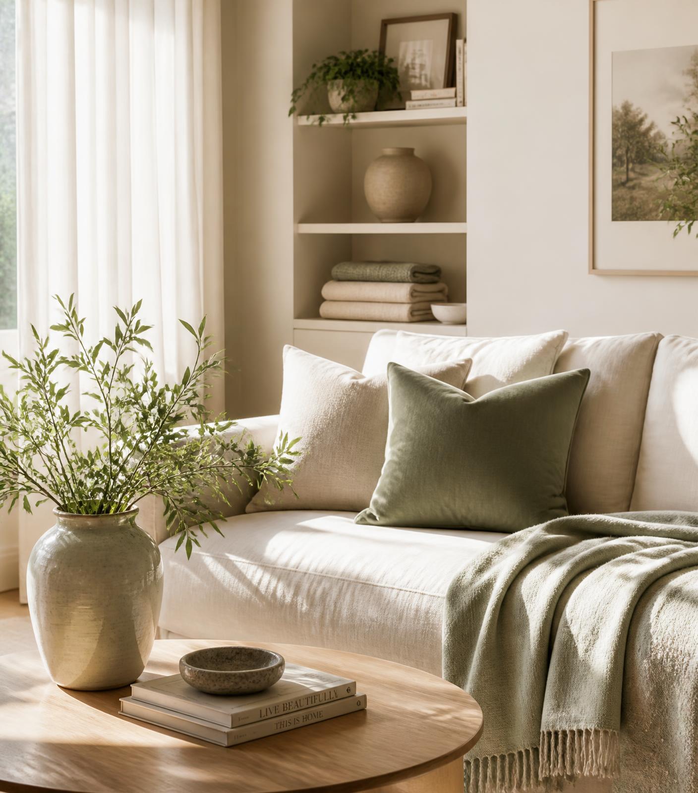 A sunlit, freshly cleaned living room with linen sofa and sage accents